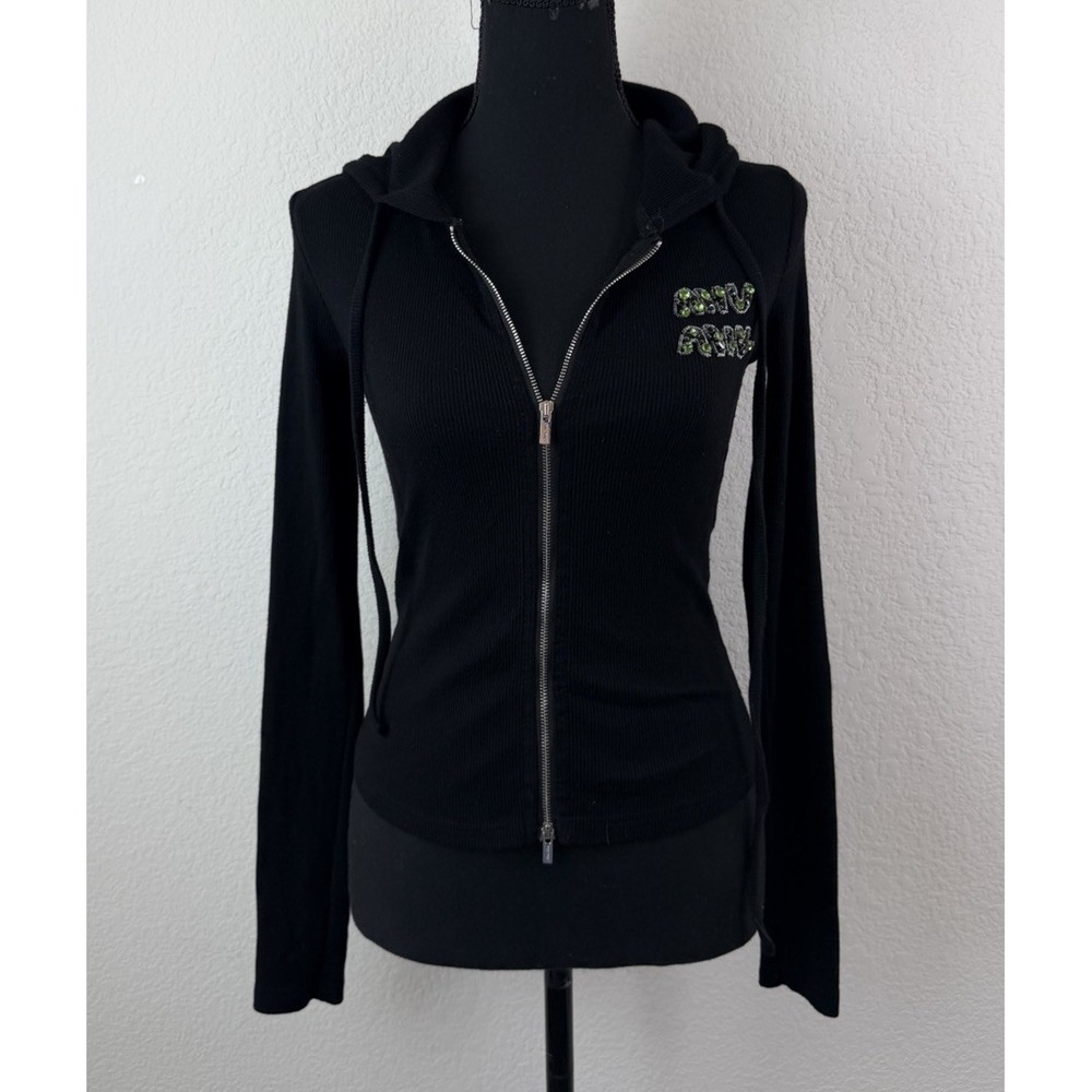 Miu‎ Miu Ribbed Zip Up Hoodie Black Cotton Y2K Rhinestone Logo Jacket Sz M Vtg